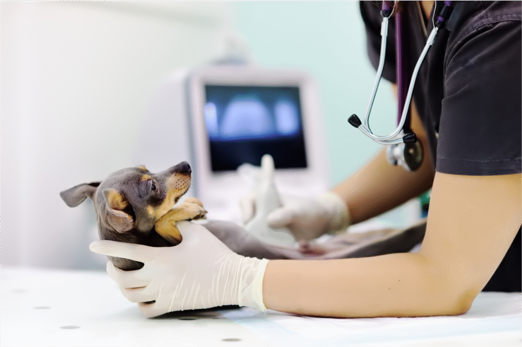 veterinarian performing an ultrasound on a small dog